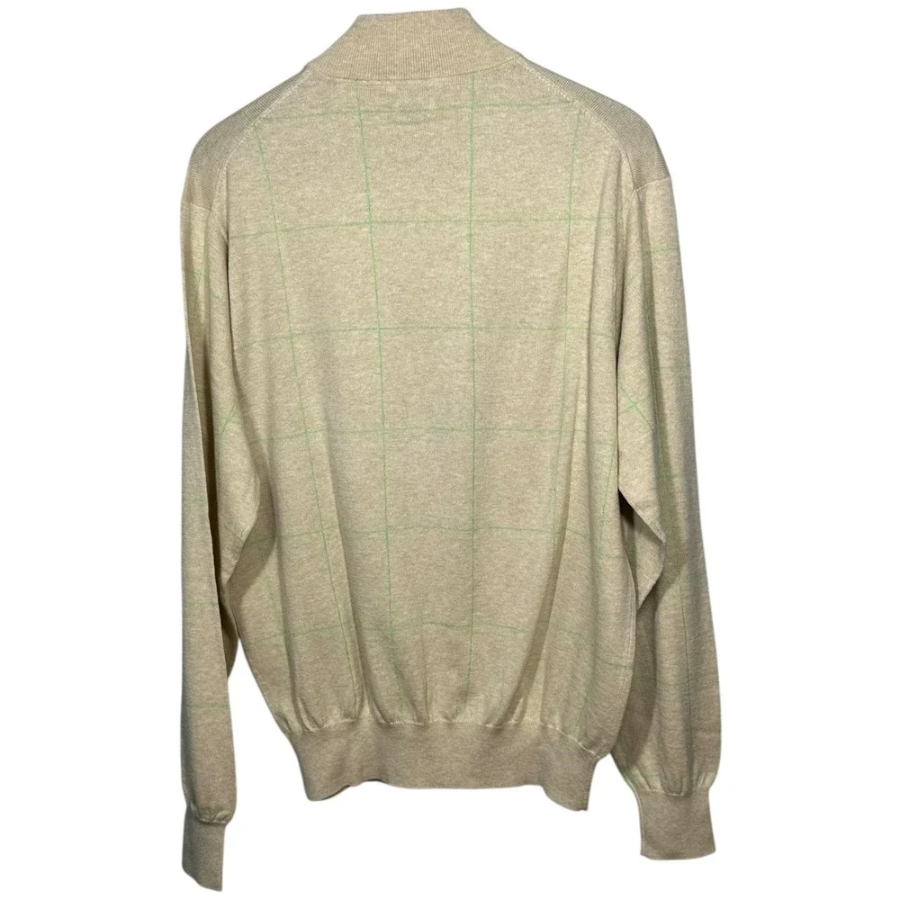Peter‎ Millar Mens Quarter Zip Sweater Beige Green Plaid Cotton Cashmere Size M